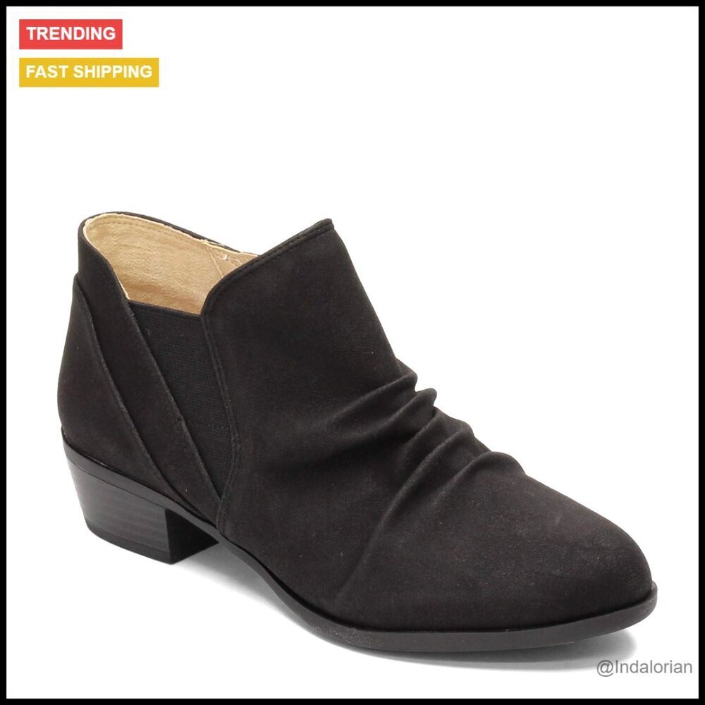 Microsuede Ankle Boots with Inside Zip Stretch Panels Ruched Detail Comfort